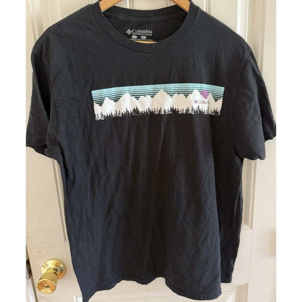 Columbia Shirt Men’s Size L Black Blue Mountain Landscape Skyline Casual